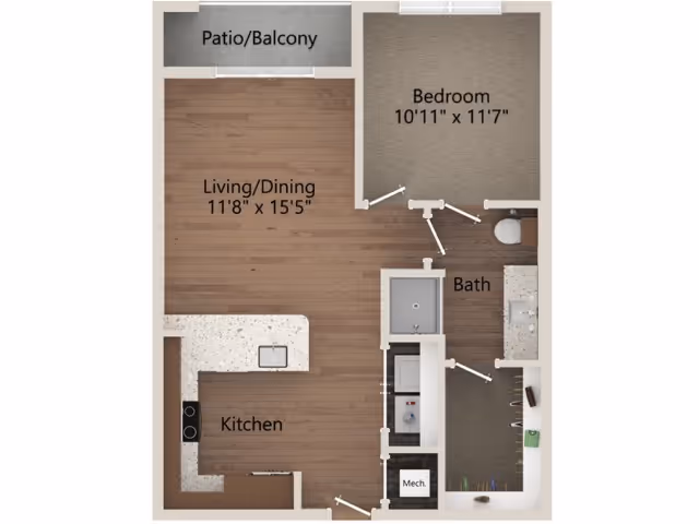 Floor plan of a senior living apartment at Overture Powers Ferry showing a patio/balcony, living/dining area, kitchen, bedroom, bathroom, and mechanical room.