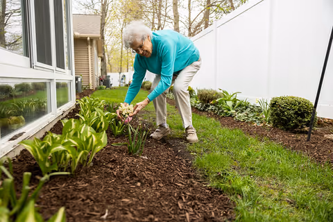 An elderly person wearing a turquoise sweater and beige pants is gardening, bending down to tend to plants in a flower bed next to a building with large windows. The area is surrounded by grass, bushes, and trees in the background.
