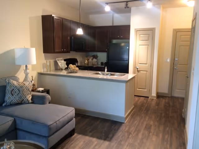 Interior view of an apartment featuring a small kitchen with dark wood cabinets, a black refrigerator, and a countertop with a sink. Adjacent to the kitchen is a living area with a gray sectional sofa adorned with patterned pillows and a white table lamp. The floor is covered with wood-style flooring, and there are two closed doors visible in the background.