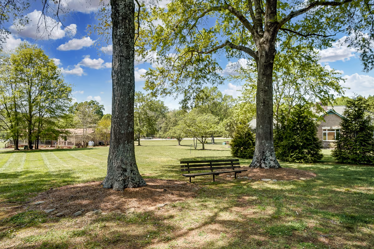 A peaceful outdoor scene at The Post at Mint Hill featuring two large trees with a wooden bench between them. The area is grassy with a few smaller trees and shrubs, and buildings are visible in the background under a partly cloudy blue sky.