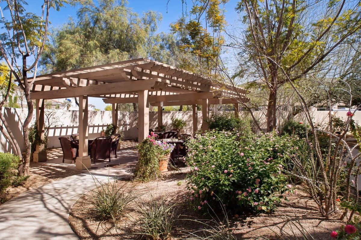 Shaded outdoor pergola with seating surrounded by desert landscaping and flowering shrubs.