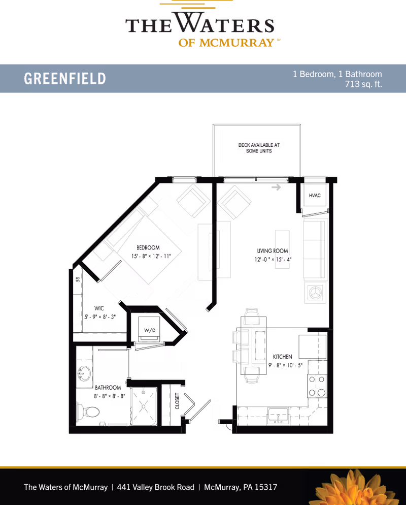 Floor plan layout of the Greenfield apartment at The Waters of McMurray, showing a 1 bedroom, 1 bathroom unit with 713 square feet. The plan includes labeled areas for bedroom, walk-in closet (WIC), bathroom, living room, kitchen, HVAC, closet, and washer/dryer (W/D). Dimensions for each room are also provided.