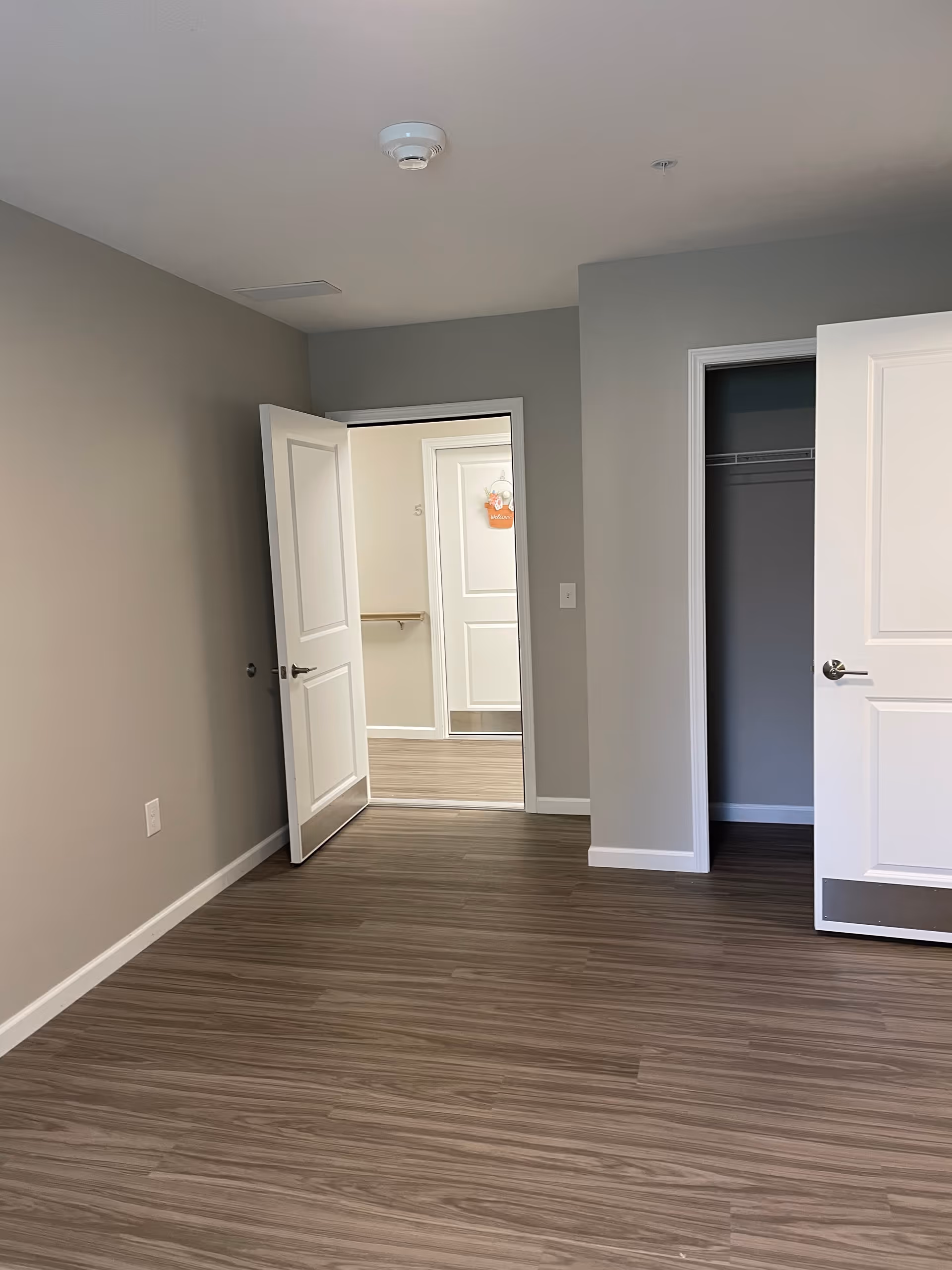 Empty room with wood-patterned flooring, light gray walls, an open door leading to a hallway, and a closet with an open door.