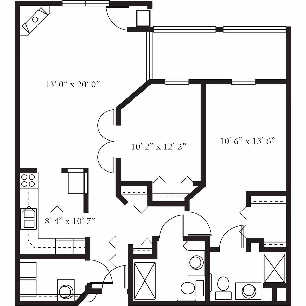 Black-and-white floor plan of an apartment showing labeled room dimensions, a kitchen, two bathrooms, and closets.