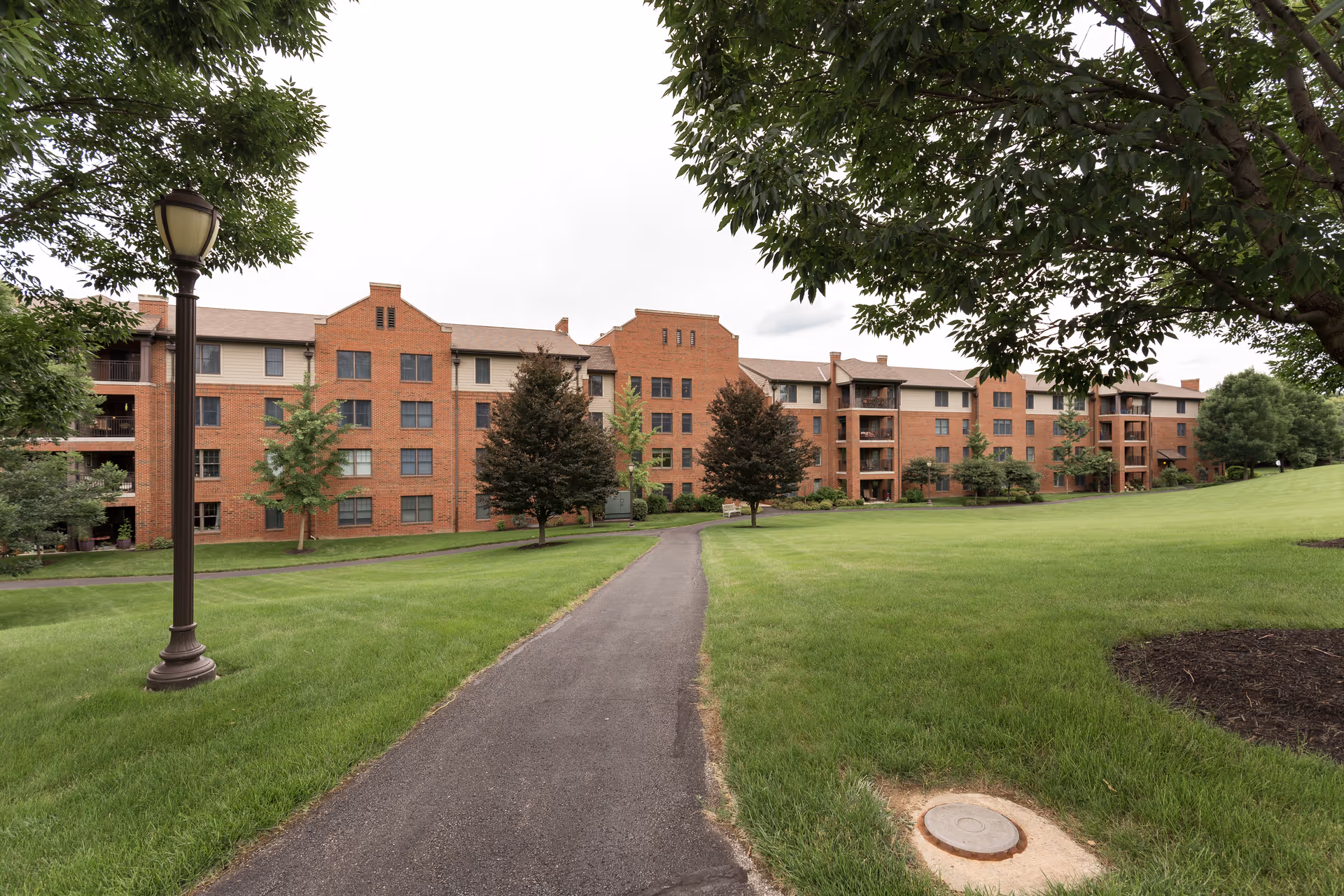 Paved walkway through a green lawn leading to a multi-story brick residential building with trees and a lamppost.
