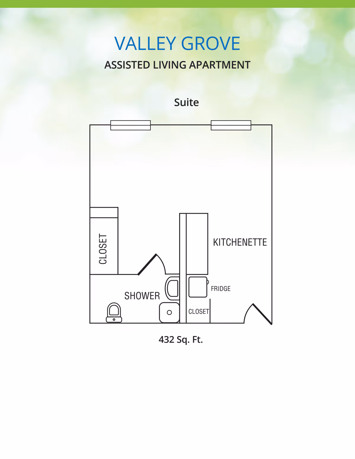 Floor plan of Valley Grove assisted living apartment suite showing a kitchenette with fridge and closet, a shower with toilet and sink, and a closet. The total area is 432 square feet.