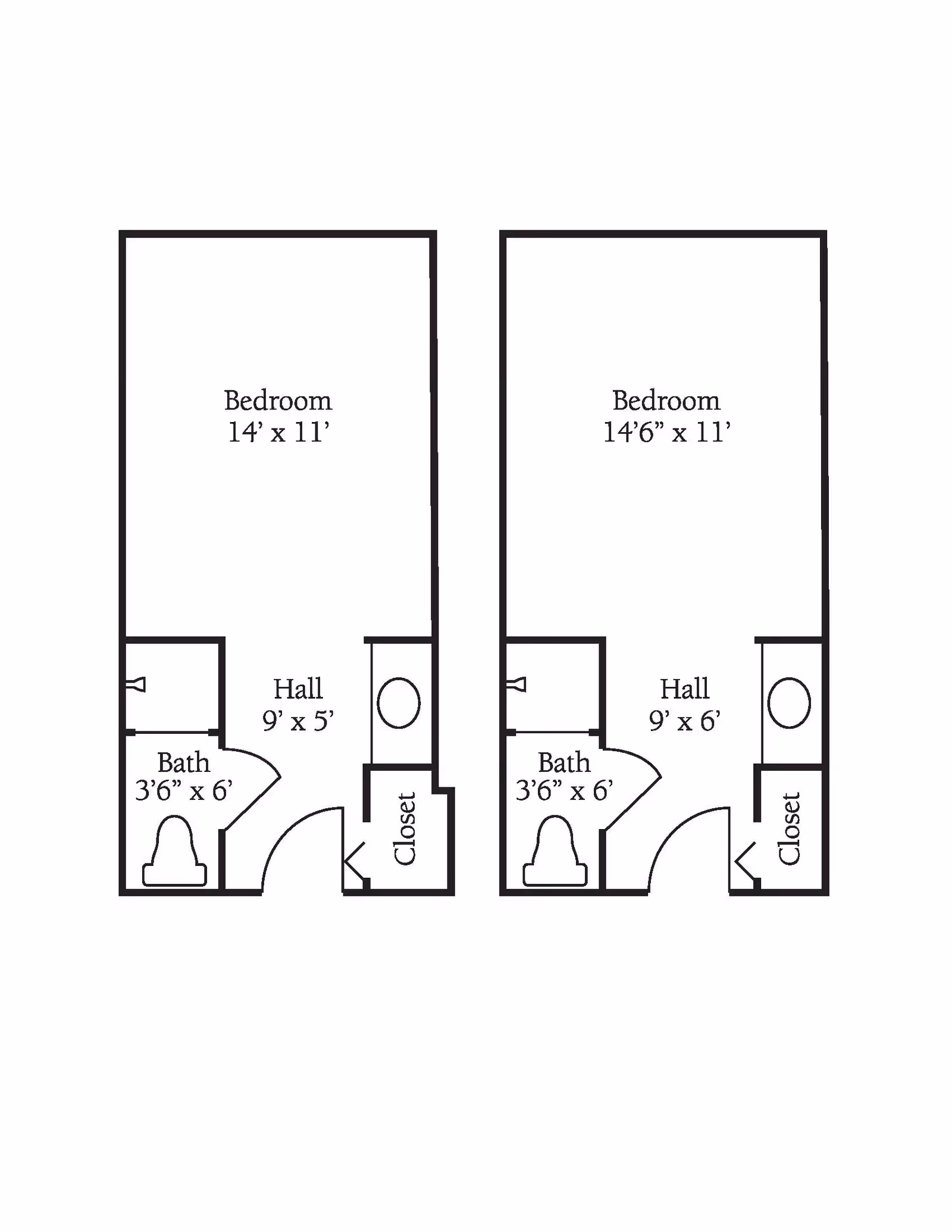 Architectural floor plan showing two bedroom layouts, each with a bedroom, hall, bath, and closet. The left layout has a bedroom measuring 14 feet by 11 feet, a hall 9 feet by 5 feet, a bath 3 feet 6 inches by 6 feet, and a closet. The right layout has a bedroom measuring 14 feet 6 inches by 11 feet, a hall 9 feet by 6 feet, a bath 3 feet 6 inches by 6 feet, and a closet.