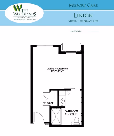 Floor plan of a studio apartment named Linden at The Woodlands at Millcreek, showing a living/sleeping area measuring 14 feet 7 inches by 12 feet 6 inches, a closet, and a bathroom measuring 6 feet 9 inches by 10 feet 4 inches.