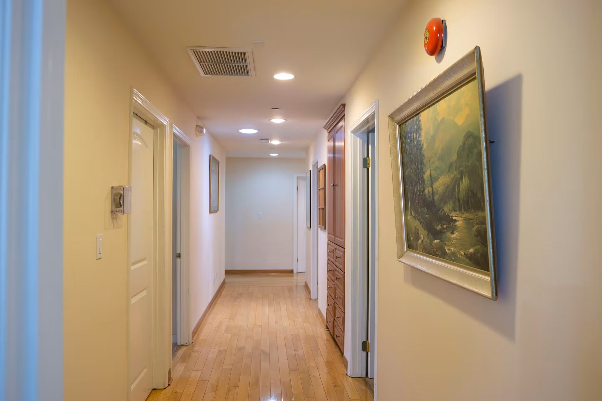 A well-lit indoor hallway with wooden flooring and cream-colored walls. Several doors line both sides of the hallway, and a framed landscape painting hangs on the right wall. There is a wooden cabinet built into the wall on the right side, and ceiling lights illuminate the space.