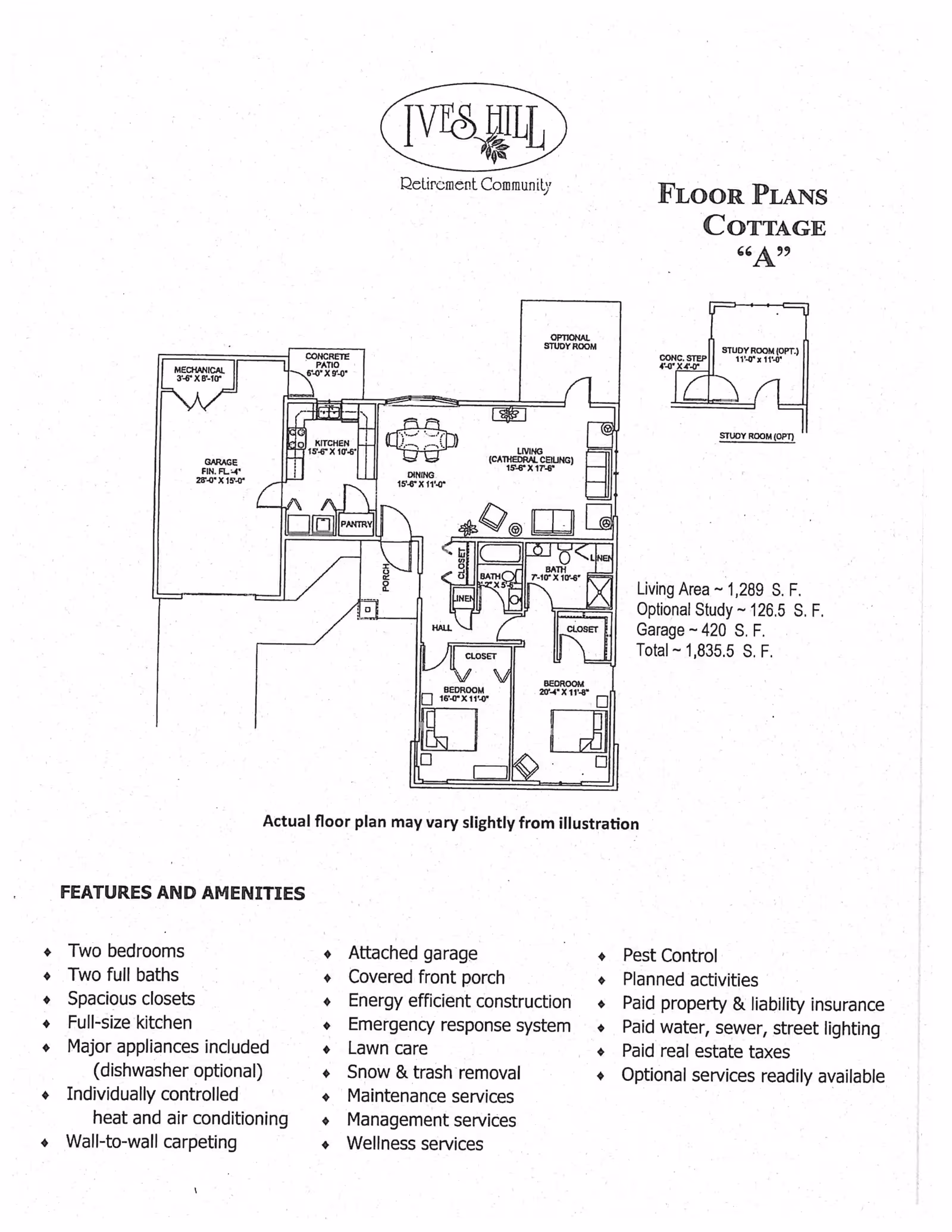 Architectural floor plan of Ives Hill Retirement Community Cottage A showing layout with two bedrooms, two bathrooms, kitchen, dining area, living room with cathedral ceiling, optional study room, attached garage, and porch. Features and amenities are listed below the floor plan.