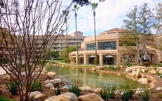 Outdoor view of a senior living facility with a pond surrounded by rocks and plants in the foreground, and a multi-story building with large windows and palm trees in the background under a clear sky.