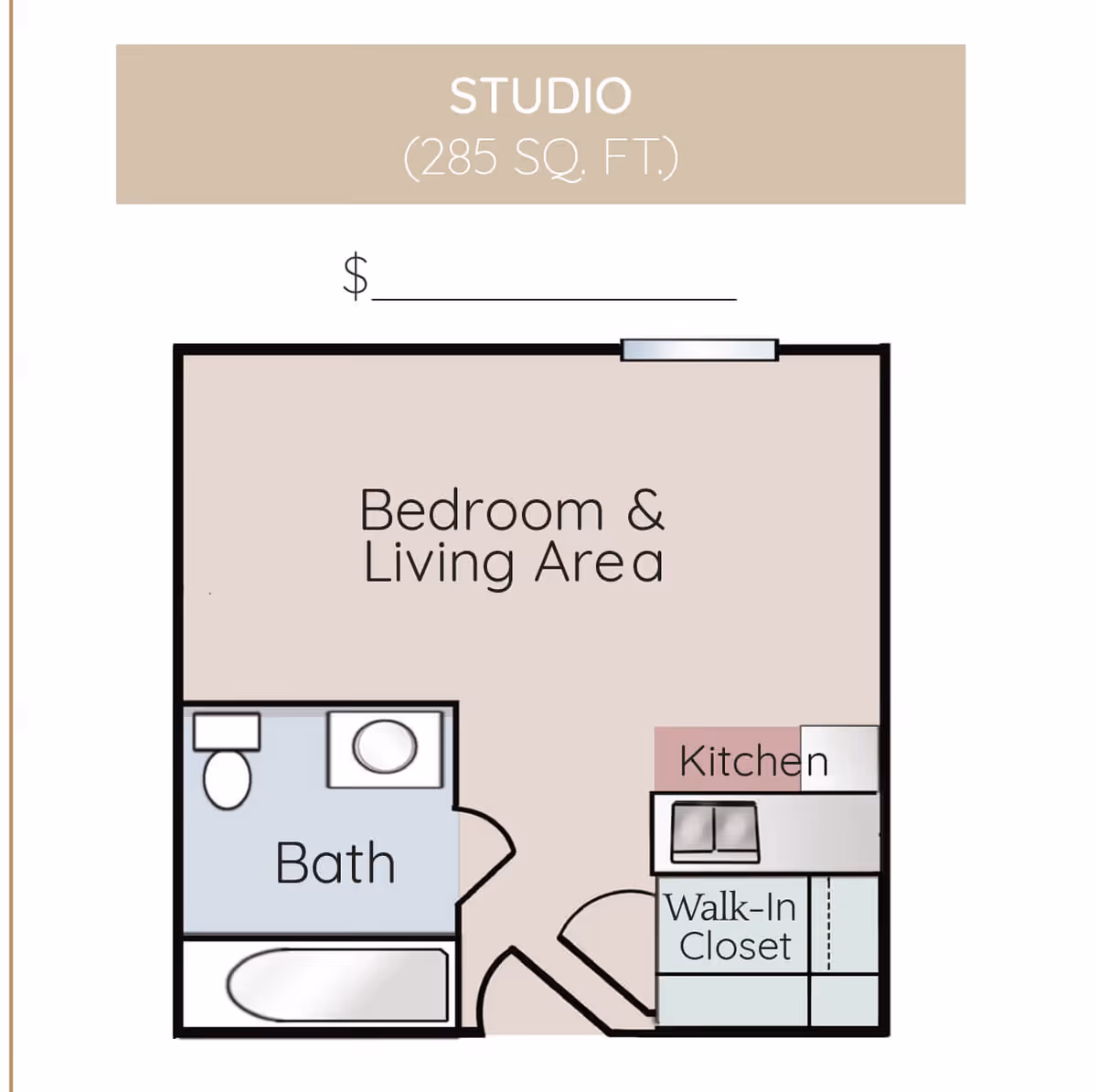Floor plan of a studio apartment with 285 square feet, showing a combined bedroom and living area, a bathroom with a toilet, sink, and bathtub, a kitchen area, and a walk-in closet.