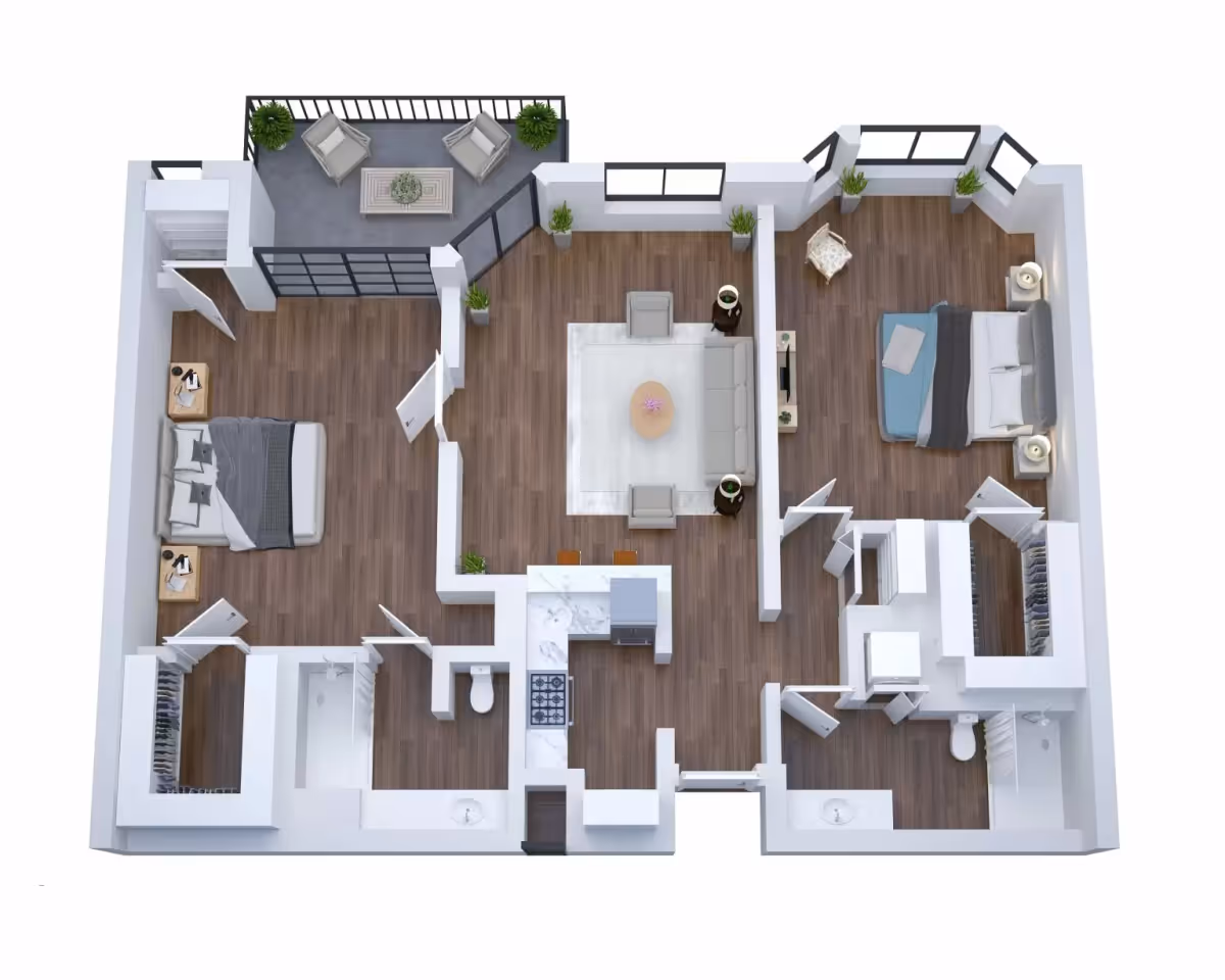 3D floor plan rendering of a two-bedroom apartment with a central living room, kitchen, two bathrooms, closets and a balcony.