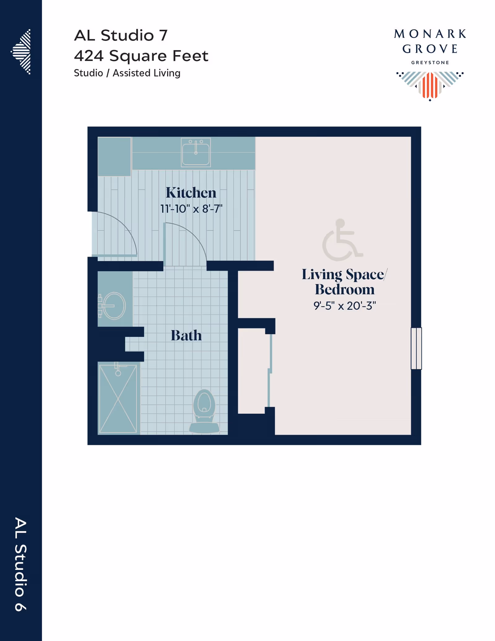 Floor plan of a studio assisted living unit at Monark Grove Greystone showing a kitchen, bath, and combined living space/bedroom with dimensions.