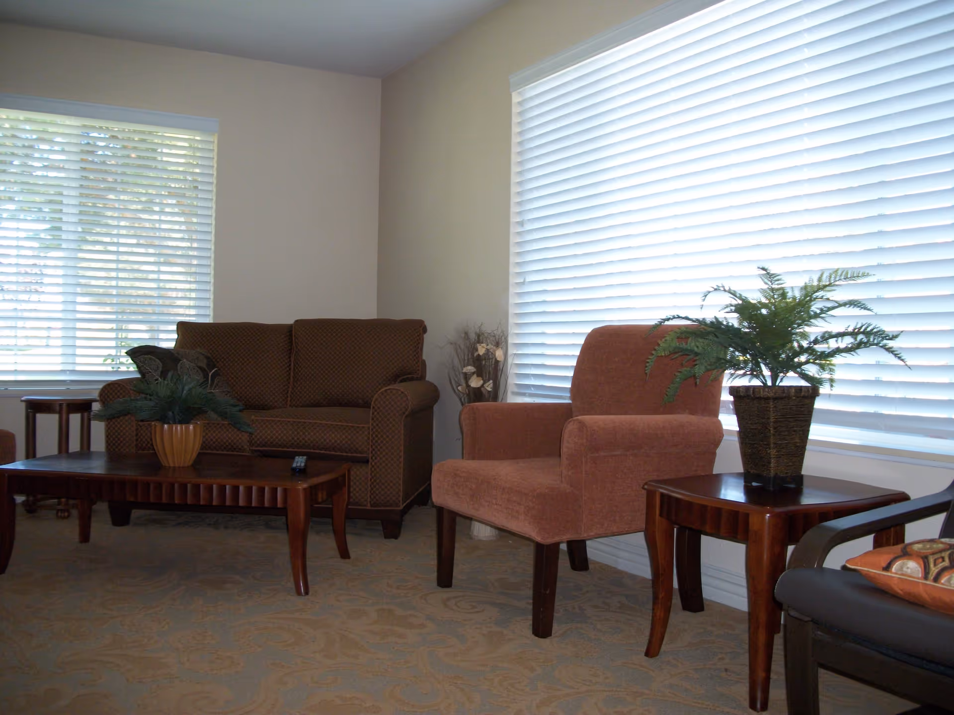 A cozy living room area with a brown patterned loveseat, a rust-colored armchair, a dark wooden coffee table with a potted plant, and matching side tables with another potted plant. The room has large windows with white blinds and a beige carpet with a subtle pattern.