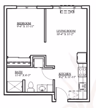 Architectural floor plan of a senior living unit at The Lofts by Cogir Senior Living, showing a bedroom, living room, kitchen, and bathroom with dimensions labeled.