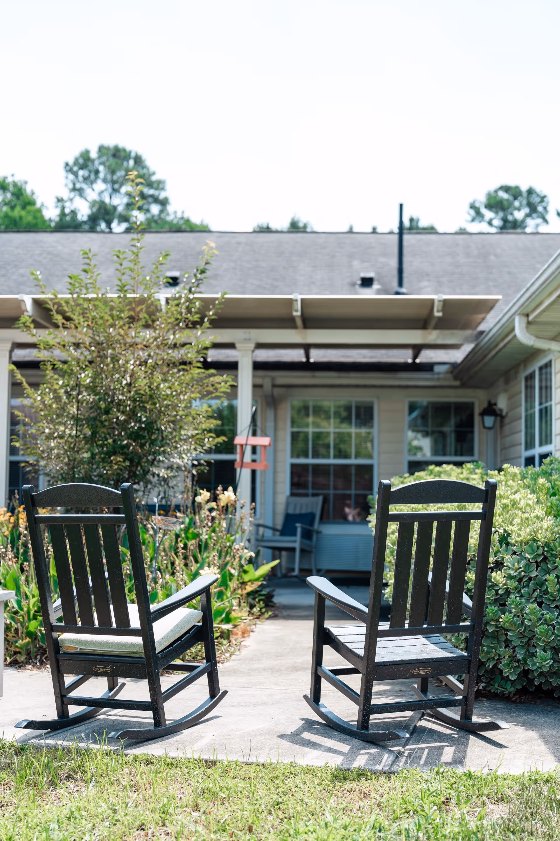 Two black wooden rocking chairs with cushions are placed on a concrete patio surrounded by greenery and plants. In the background, there is a single-story building with large windows and a covered porch area with additional seating. Trees and a clear sky are visible behind the building.