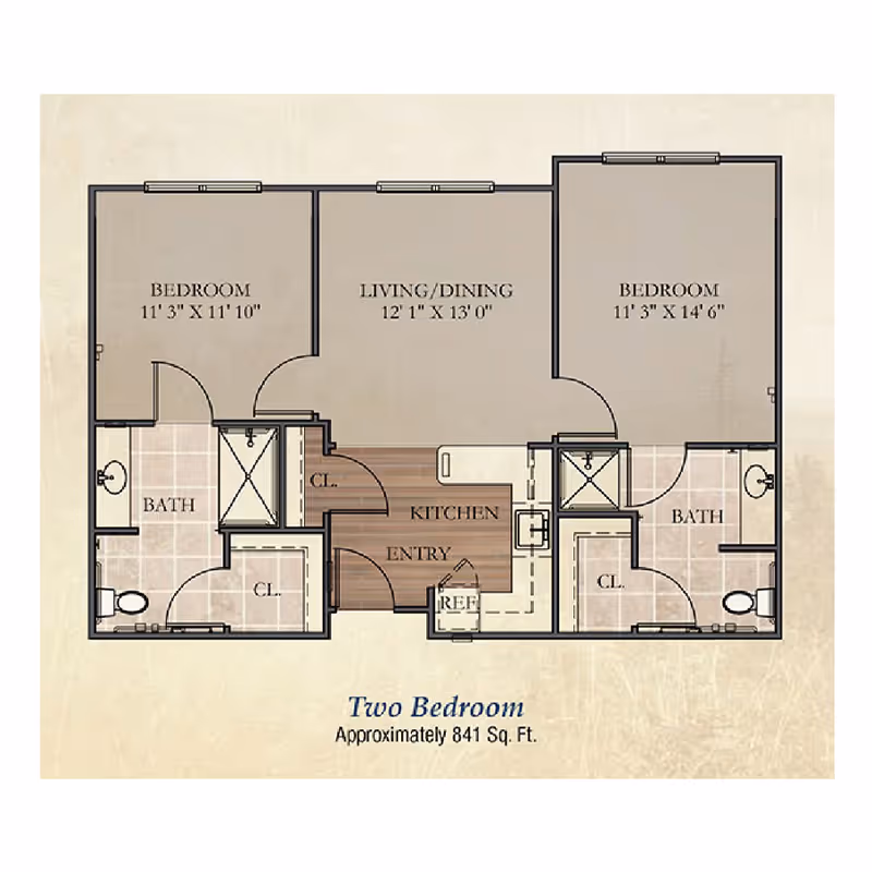 Floor plan of a two-bedroom apartment approximately 841 square feet, showing two bedrooms, two bathrooms, a combined living and dining area, a kitchen, entry, and closets.