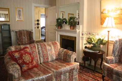 Cozy traditional living room with floral sofa, fireplace, plants, and warm lighting.