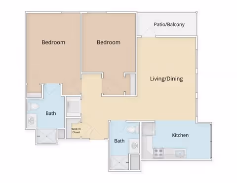 Floor plan of an apartment at Laurelwood at The Pinehills showing two bedrooms, two bathrooms, a kitchen, a combined living and dining area, a walk-in closet, and a patio/balcony.