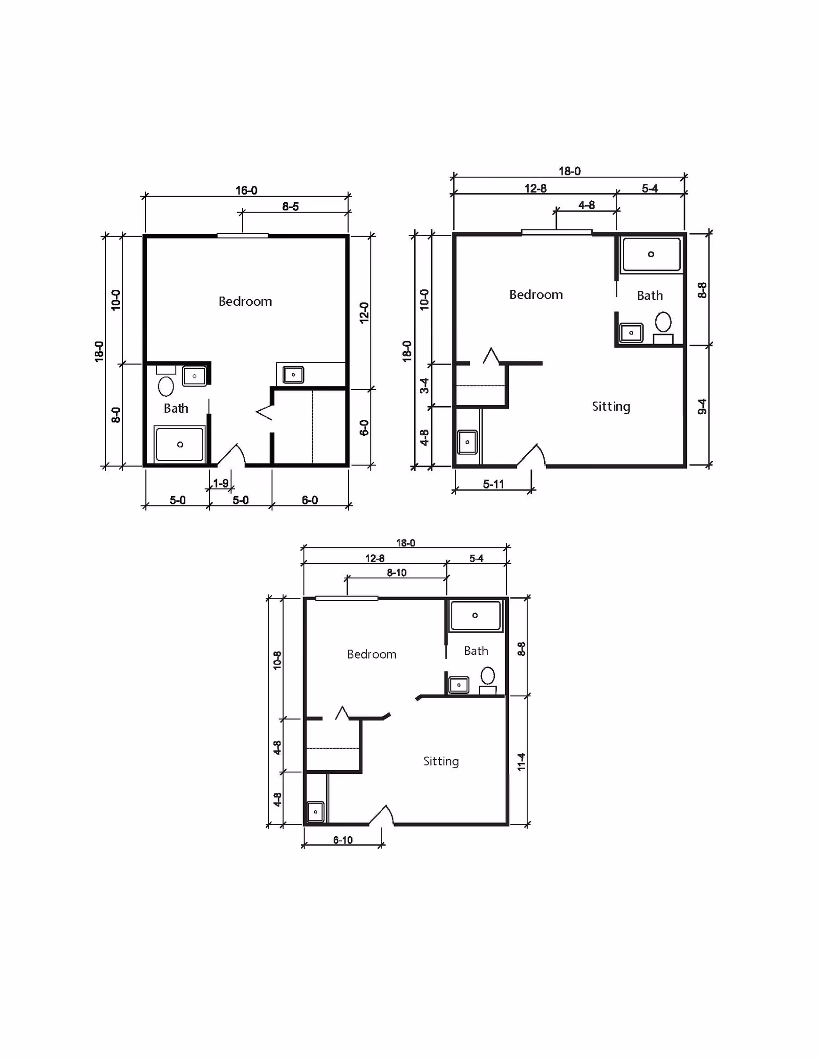 Architectural floor plans showing three different layouts of a living space with labeled rooms including bedroom, bath, and sitting areas, along with measurements in feet and inches.