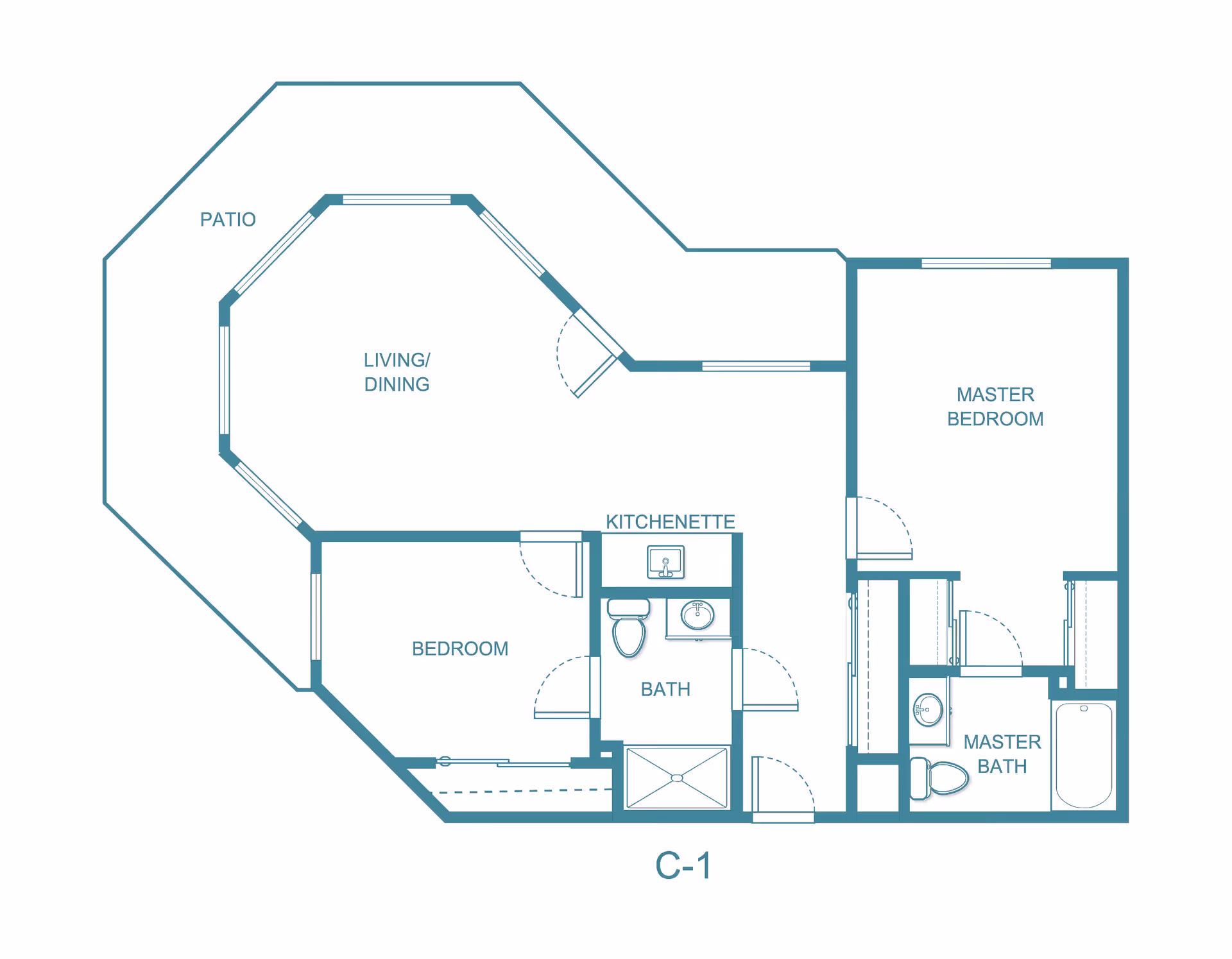 Architectural floor plan of a residential unit labeled C-1 at Holiday Rock Creek, showing a patio, living/dining area, bedroom, kitchenette, bath, master bedroom, and master bath.