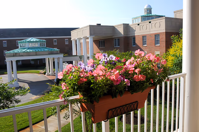 View from a balcony with a flower box filled with pink and purple flowers, overlooking a senior living facility building with brick walls, white columns, and a circular driveway with a covered entrance.