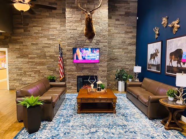 A cozy living room with two brown leather sofas facing each other, a wooden coffee table in the center on a blue patterned rug. The back wall is made of stone with a mounted deer head above a flat-screen TV and an American flag to the left. The right wall is dark blue with framed pictures of moose and mounted animal heads. There are several potted plants and table lamps around the room.