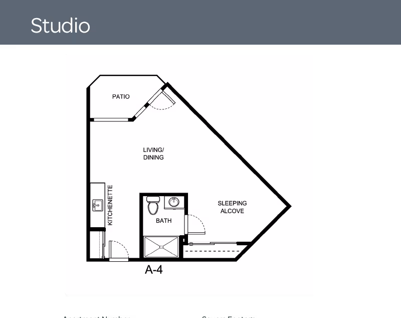 Black-and-white floor plan of a studio apartment labeled A-4 showing a patio, living/dining area, kitchenette, bathroom, and sleeping alcove.
