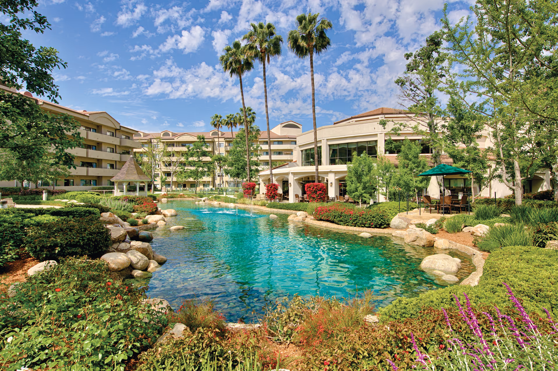 A serene outdoor area at Morningside of Fullerton featuring a clear blue pond surrounded by rocks, lush greenery, colorful flowers, and tall palm trees. The background shows a multi-story building with balconies and large windows under a partly cloudy blue sky.