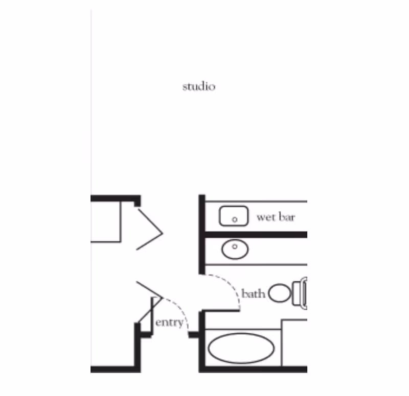 Architectural floor plan showing a studio layout with an entry, a wet bar, and a bathroom including a bathtub and toilet.