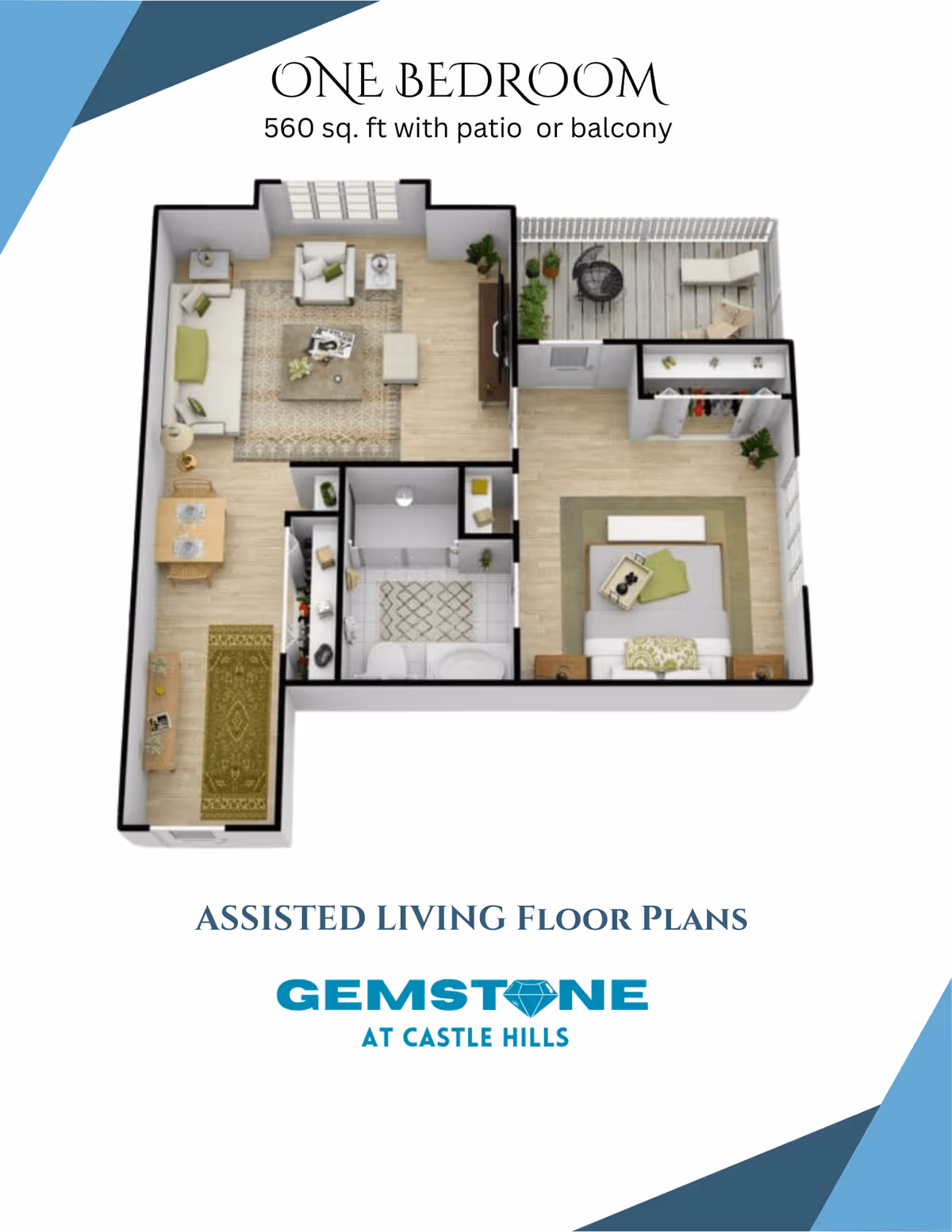 3D floor plan of a one-bedroom assisted living apartment with 560 sq. ft, featuring a living room with sofa and chairs, dining area, kitchen, bathroom, bedroom, and a patio or balcony with outdoor furniture.