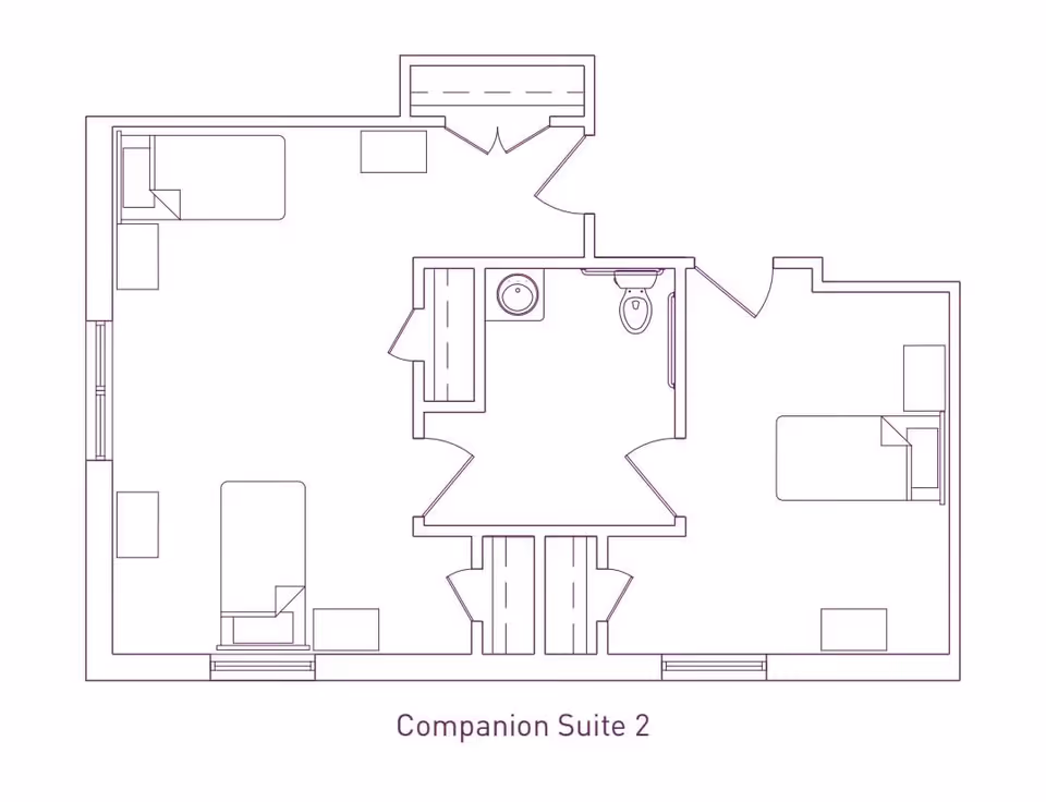 Architectural floor plan of Companion Suite 2 at The Heritage at Eldridge Parkway, showing two bedrooms, a shared bathroom with a sink and toilet, closets, and entryways.