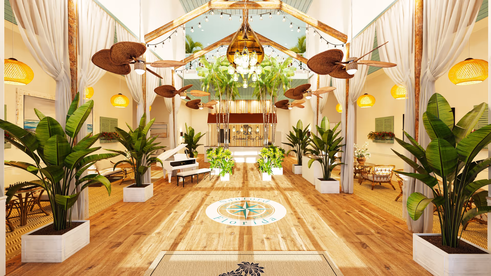 Bright tropical-themed lobby with wooden floors, potted plants, ceiling fans and a reception area at the far end.