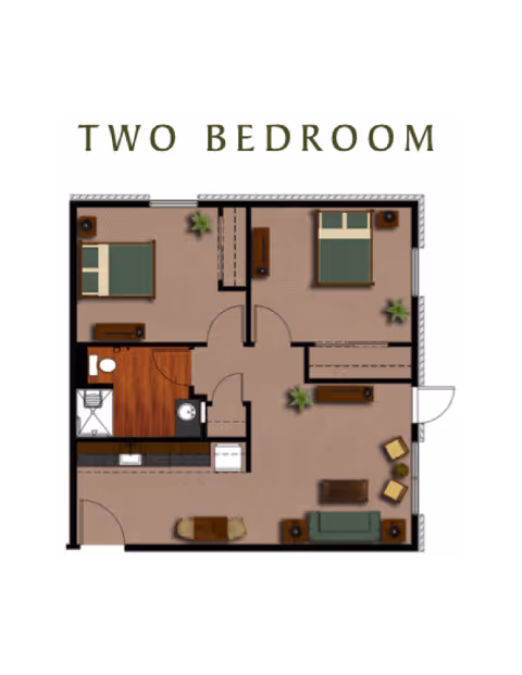 Floor plan of a two-bedroom apartment showing two bedrooms, a bathroom, a kitchen area, and a living room with furniture and plants.