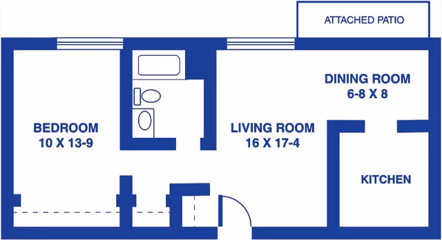 Blue-and-white floor plan of a one-bedroom apartment showing labeled living room, bedroom, bathroom, kitchen, dining room and attached patio.