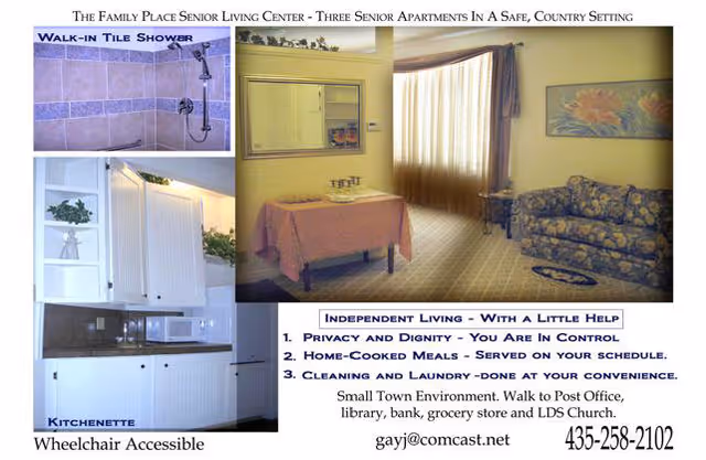 Collage image showing interior views of The Family Place Senior Living Center. Includes a walk-in tile shower with grab bars, a kitchenette with white cabinets and appliances, and a living area with a table covered by a pink tablecloth, a floral couch, a window with curtains, and a framed flower picture on the wall. Text highlights features like independent living with help, privacy and dignity, home-cooked meals, and cleaning and laundry services. Contact email and phone number are also displayed.