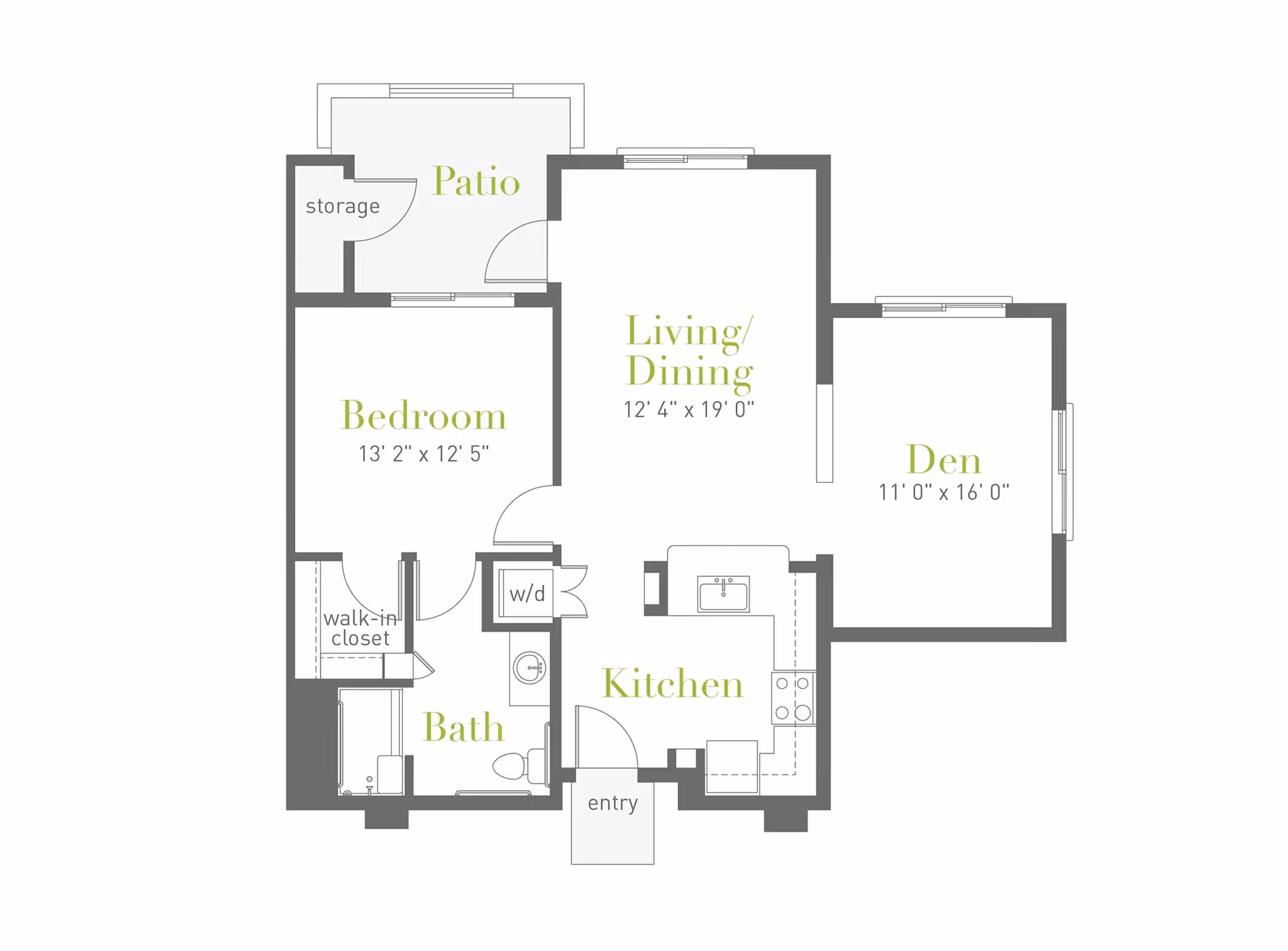 Floor plan layout of an apartment at Clearwater Pinnacle Peak showing a bedroom with walk-in closet, bathroom, kitchen, living/dining area, den, patio with storage, and entry area.