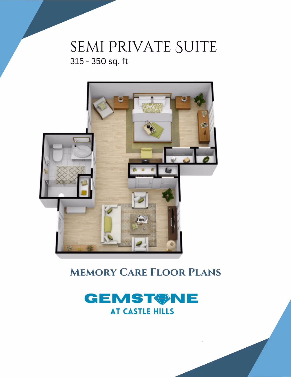 3D floor plan rendering of a semi-private memory care suite showing a bedroom, living area, bathroom, and furnishings.