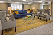 A well-lit living room with a blue sofa, four gray armchairs, a glass coffee table with a flower arrangement, two table lamps, and a large mirror on the wall. The room has a yellow patterned rug and tiled flooring.
