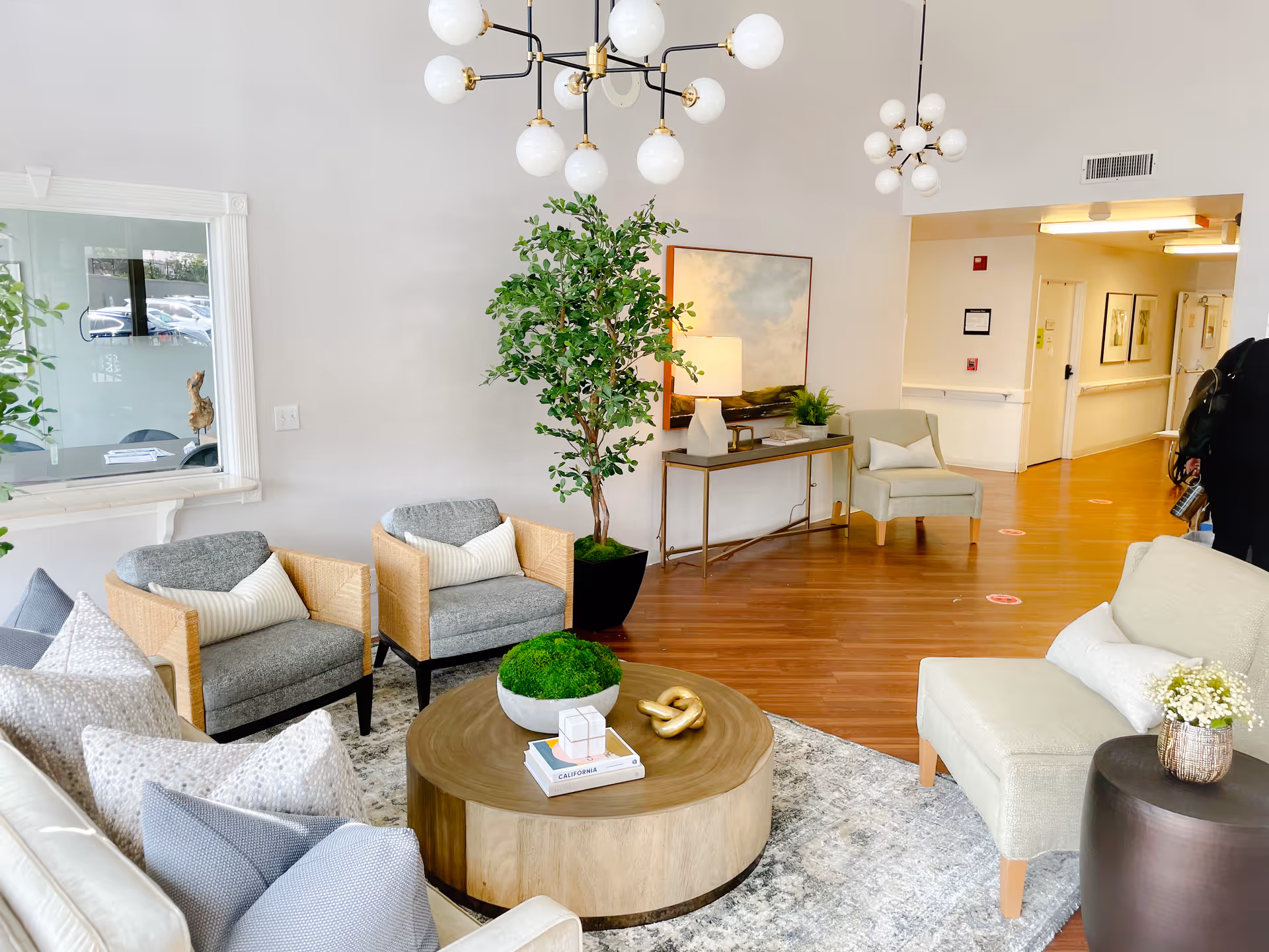 Bright communal lounge with sofas, armchairs, a round wooden coffee table, decorative plants and modern chandeliers.