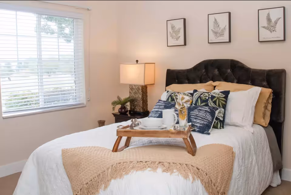 A cozy bedroom with a neatly made bed featuring a dark tufted headboard, white bedding, and multiple decorative pillows in blue and floral patterns. A wooden tray with a cup, saucer, and glass of water is placed on the bed. There is a beige throw blanket at the foot of the bed. A bedside table with a lamp and a small plant is next to the bed. Three framed botanical prints hang on the wall above the headboard. A window with white blinds is on the left side of the room.