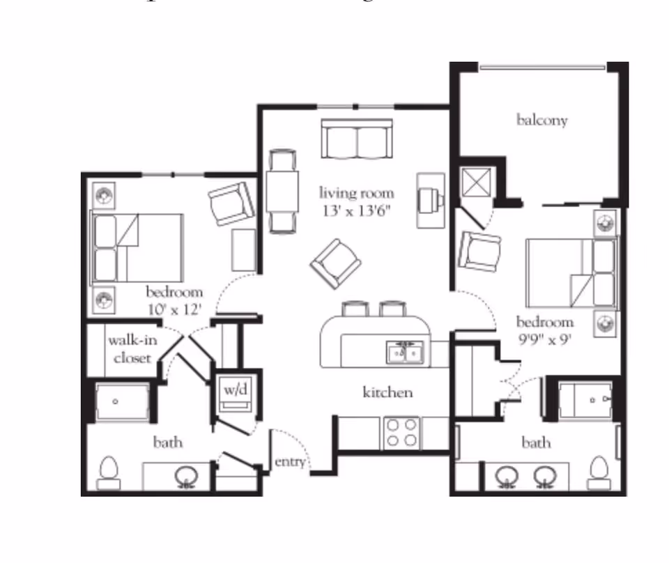 Floor plan of a two-bedroom apartment featuring a living room, kitchen with island and stools, two bathrooms, a walk-in closet, a washer/dryer area, and a balcony.