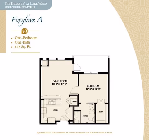 Floor plan of Foxglove A apartment at The Delaney at Lake Waco showing a one-bedroom, one-bath layout with a living room, kitchen, bedroom, bathroom, closet, and laundry area. The living room measures 13 feet by 14 feet, and the bedroom measures 12 feet 2 inches by 12 feet.