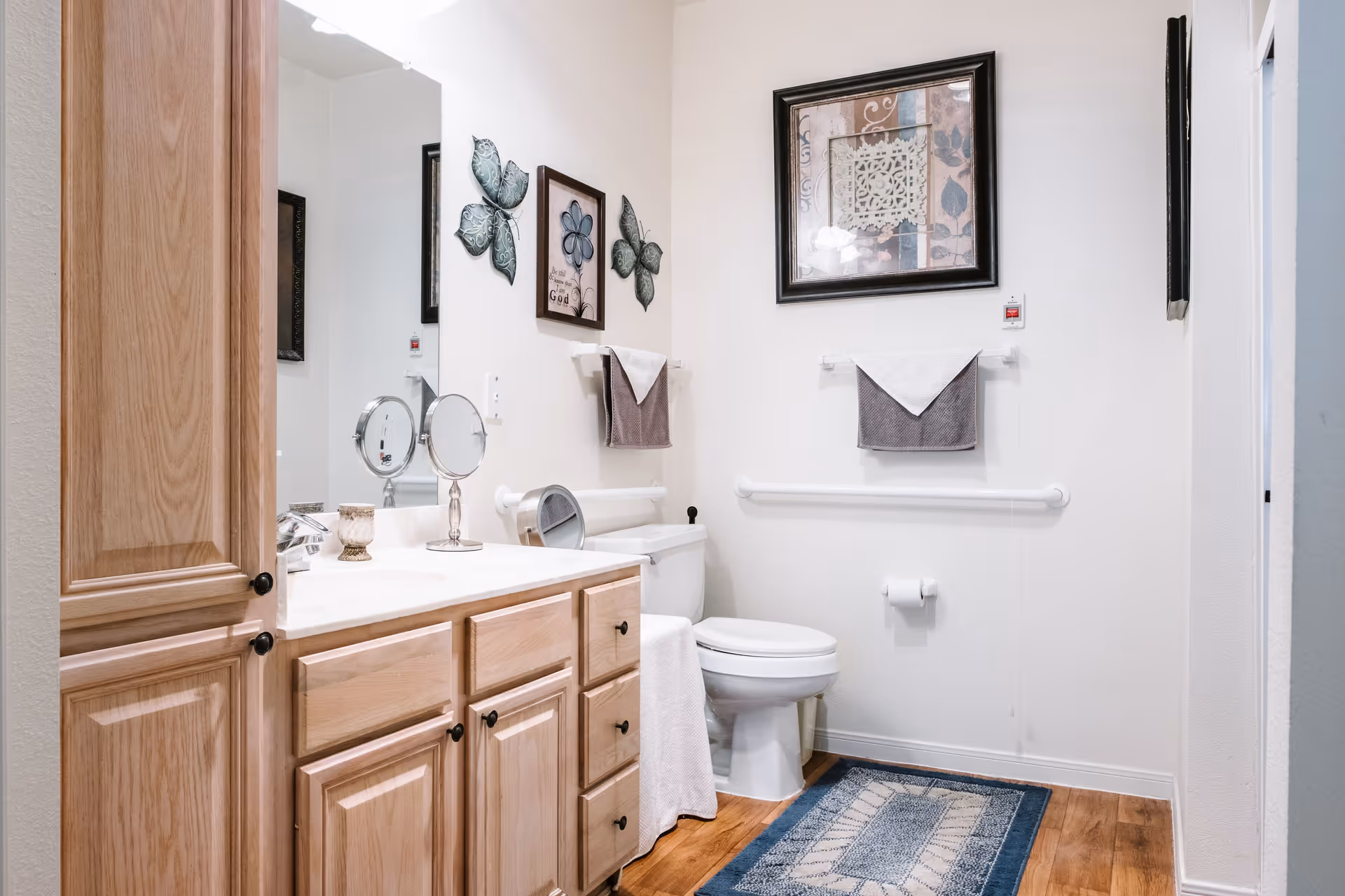 A clean and well-lit bathroom with light wood cabinetry, a white countertop with a small round mirror and candle, a toilet with a towel hanging above it, decorative butterfly wall art, a framed picture, and a blue patterned rug on a wooden floor.