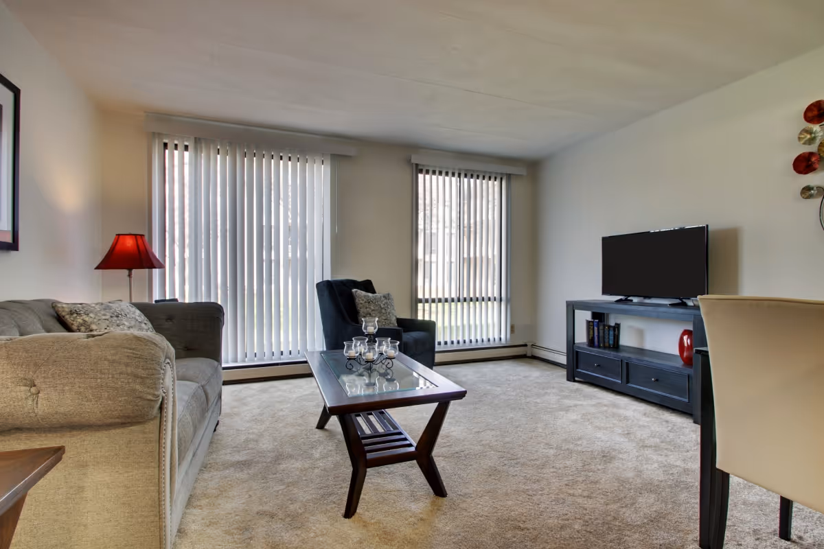 A living room with beige carpet, a gray sofa with patterned pillows, a dark armchair with a pillow, a glass-top coffee table with candle holders, a TV on a black stand with books and a red vase, vertical blinds covering two large windows, a red lamp on a side table, and a beige chair partially visible on the right.