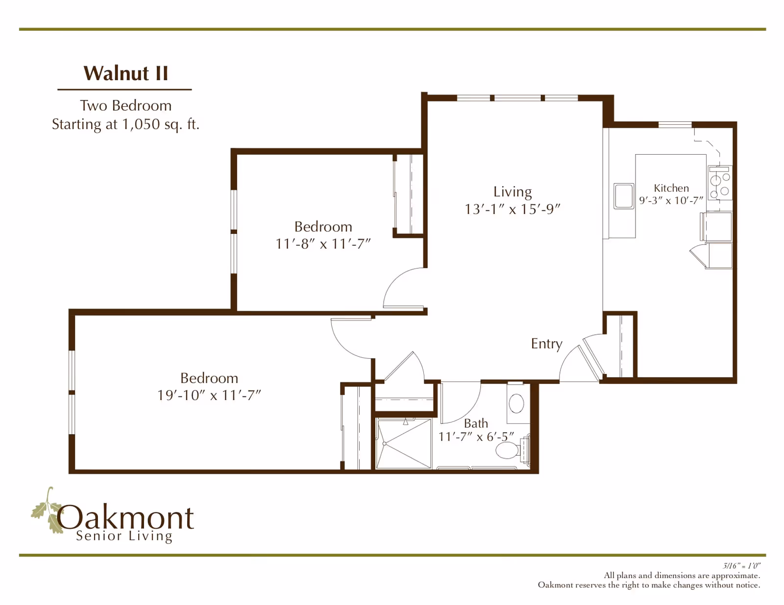 Floor plan of Walnut II, a two-bedroom apartment starting at 1,050 square feet, showing dimensions for each room including two bedrooms, living room, kitchen, bath, and entry area.