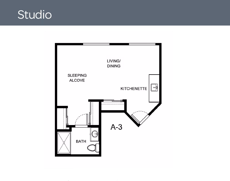 Floor plan of a studio apartment labeled A-3 showing a sleeping alcove, living/dining area, kitchenette, and a bathroom.