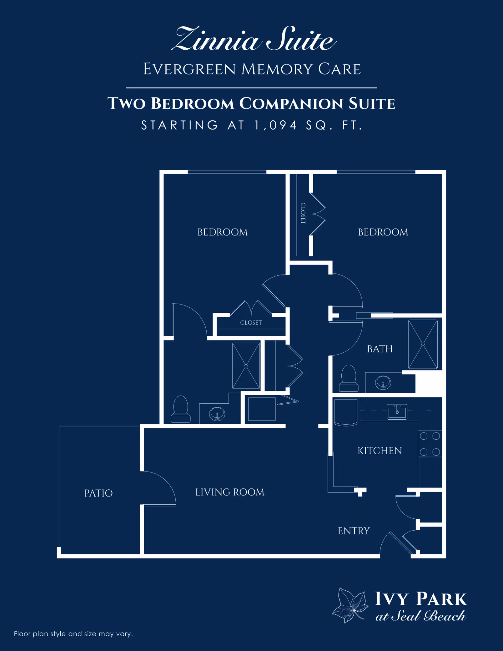 Blueprint-style floor plan titled 'Zinnia Suite' showing a two-bedroom companion suite with living room, kitchen, bath, patio, and closets.