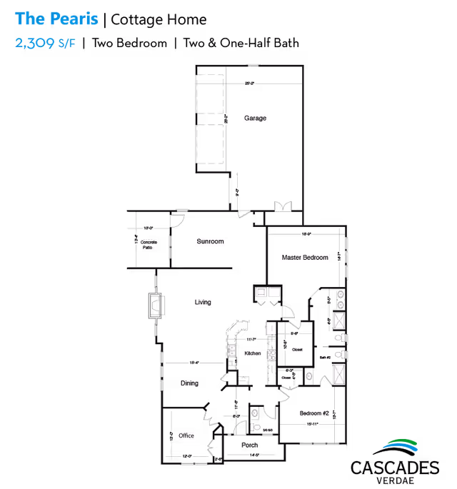 Floor plan of a residence named The Pearis with 2,309 square feet, showing labeled rooms including Garage, Sunroom, Living, Dining, Office, Kitchen, Master Bedroom, Bedroom #2, two bathrooms, closets, and a concrete patio.